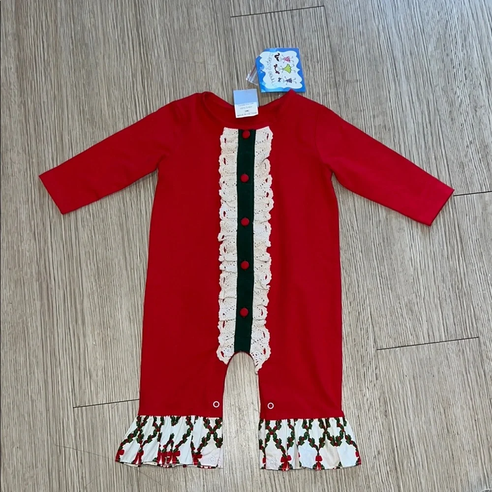 NWT Three Sisters Size 9 Month Red Kids One Piece with Lace Trim